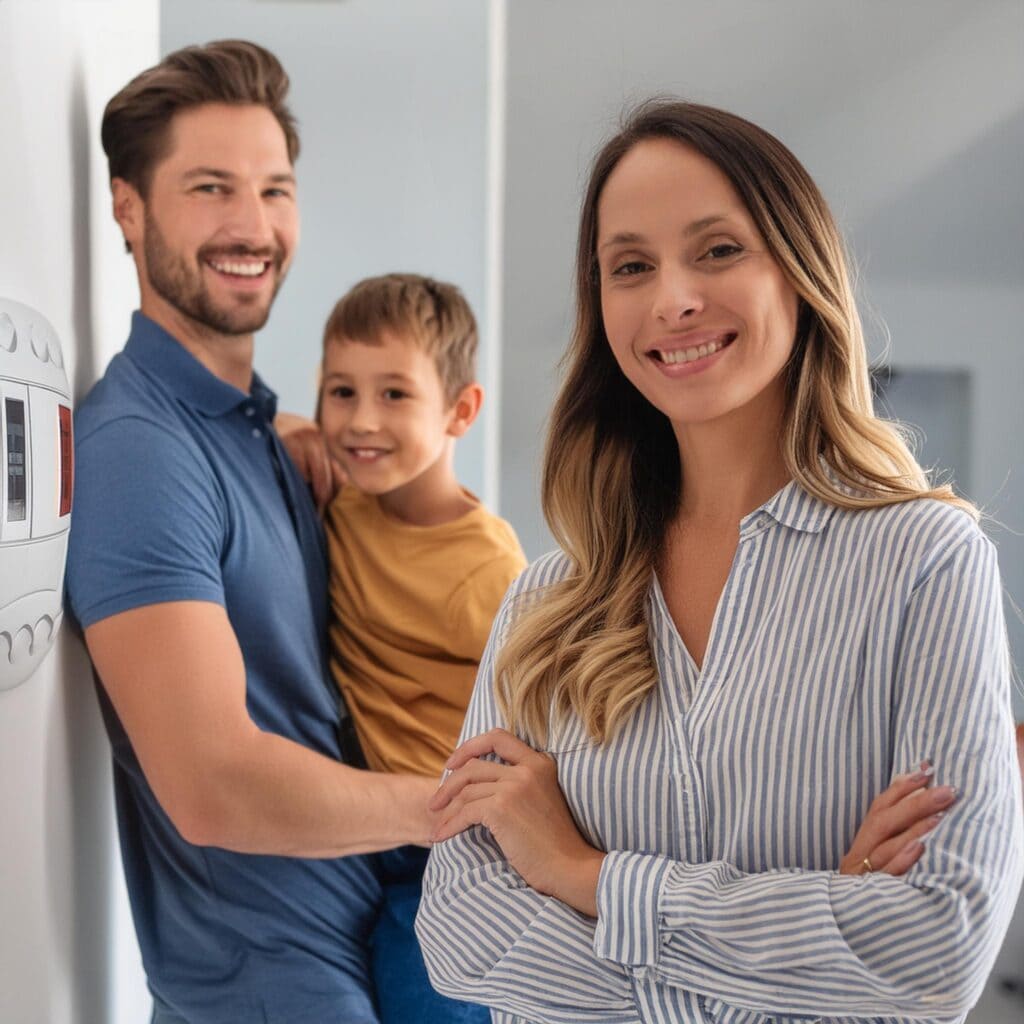 A smiling woman stands in the foreground with arms crossed, while a man and a young boy, both smiling, stand behind her near a thermostat on the wall, showcasing the work of a trusted general contractor Houston, TX. The setting appears to be a modern home.
