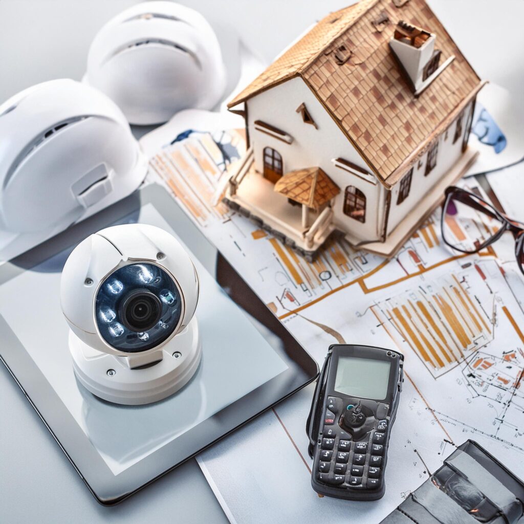 A surveillance camera, miniature house model, construction blueprints, two hard hats, walkie-talkie, sunglasses, and a tablet are arranged on a table, suggesting expert home security and planning with a general contractor Houston, TX.
